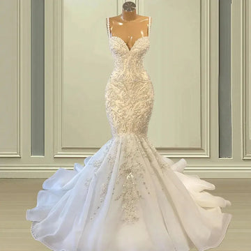 Sweetheart Mermaid Bespoke Wedding Dresses Lace Crystals Beaded Bridal Gowns For Women Backless Sleeveless Vestido De Noiva As Picture