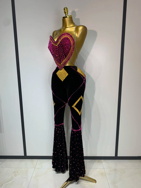 Women Sexy Backless Diamond Rivets Top Two Pieces Set Birthday Celebrate Evening Party Nightclub DJ Stage Performance Costume