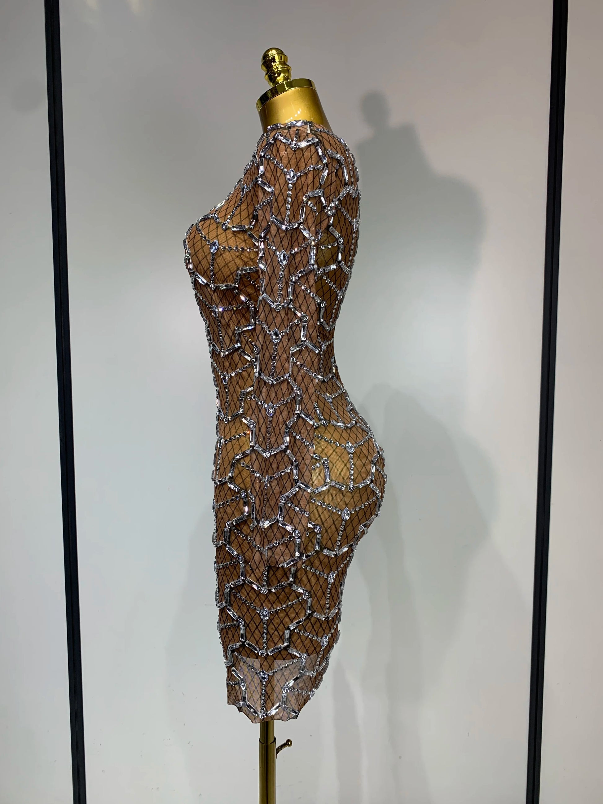 High Quality Women Elegant Long Sleeve Sparkly Rhinestones Mesh Bodycon Mini Dress See Through Evening Party Nightclub Outfit