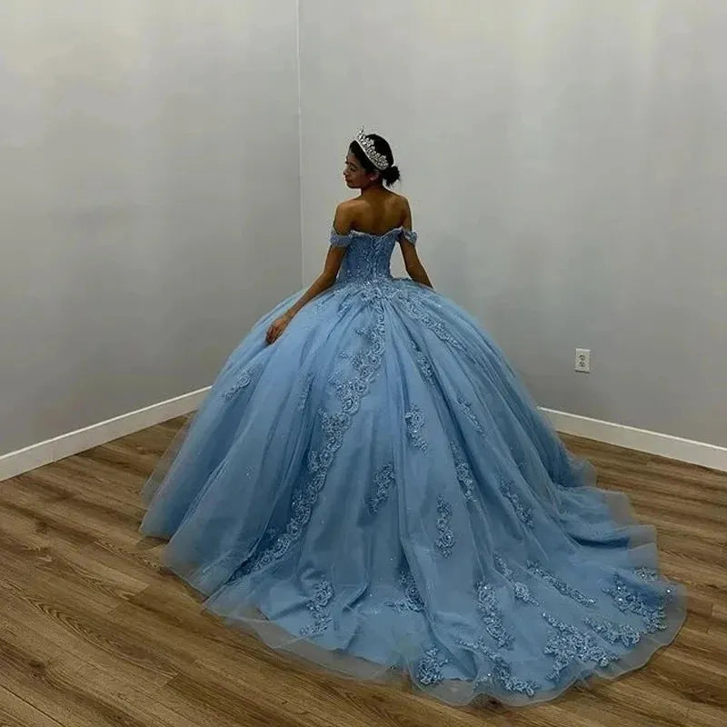 Luxury Glittering Blue Quinceanera Dresses Beading Appliques Ball Gown Vestidos De 15 Anos Formal Prom Party