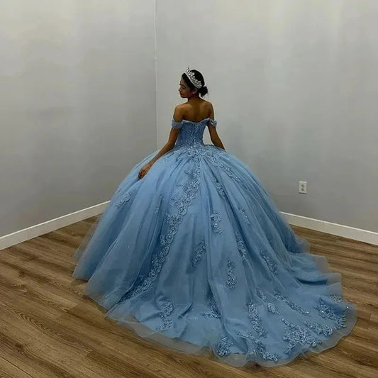 Luxury Glittering Blue Quinceanera Dresses Beading Appliques Ball Gown Vestidos De 15 Anos Formal Prom Party