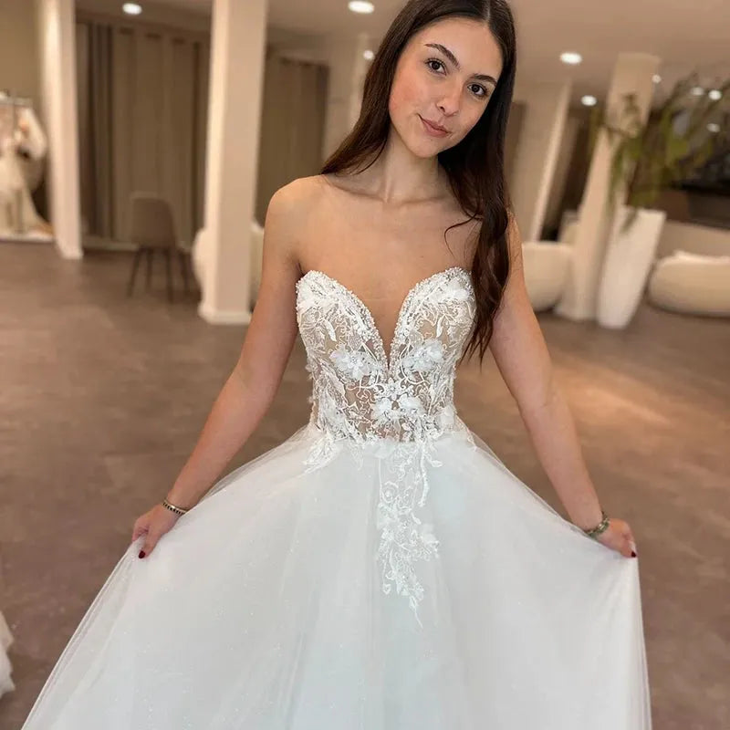 Women A-Line Wedding Dresses Sweetheart Princess Lace Bride Dress Boho Beach White Wedding Prom Gowns Custom Made