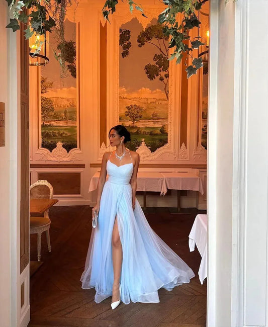 Light Blue Prom Dresses Detachable Shawl Evening Dress Elegant Spaghetti Strap Sexy Side High Split Vestidos De Fiesta