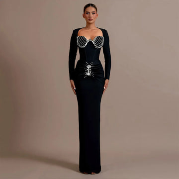 Black Color Women Long Sleeve Square Collar Shinning Crystal Bodycon Bandage Long Dress Celebrate Evening Party Prom Dress black
