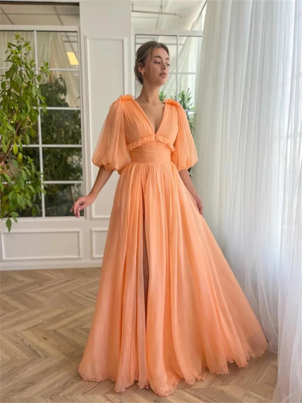 Orange Tulle Prom Dresses V-neck A-line Wedding Dress Elegant Half Sleeves Floor-Length Side High Split Vestidos De Fiesta As Picture