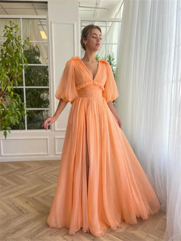 Orange Tulle Prom Dresses V-neck A-line Wedding Dress Elegant Half Sleeves Floor-Length Side High Split Vestidos De Fiesta As Picture