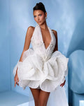 Chic Pleated Blossom White Prom Dresses with Tulle Train Halter Handmade Pearls Unique Short Bridal Gown Formal Party Dress