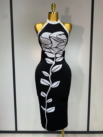 Women Fashion Celebrity Sexy Backless Rose Flower Midi Black Jacquard Bandage Dress Elegant Evening Club Party Dresses black