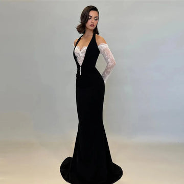 Fashion Black White Prom Dress Mermaid Halter Off The Shoulder Pleat Floor Length Formal Evening Dress vestido de gala As Picture