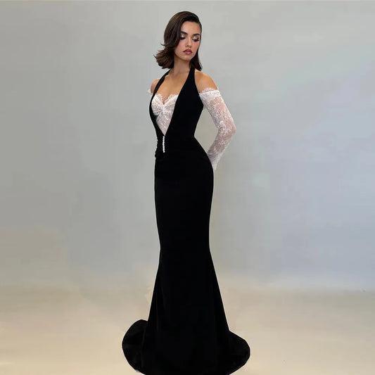 Fashion Black White Prom Dress Mermaid Halter Off The Shoulder Pleat Floor Length Formal Evening Dress vestido de gala As Picture