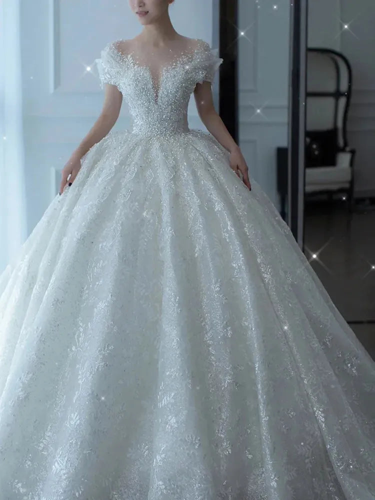 Princess Sexy Luxury Crystal Beaded Wedding Dress Puff Tulle White Wedding Gown Simple Bride Dress Women