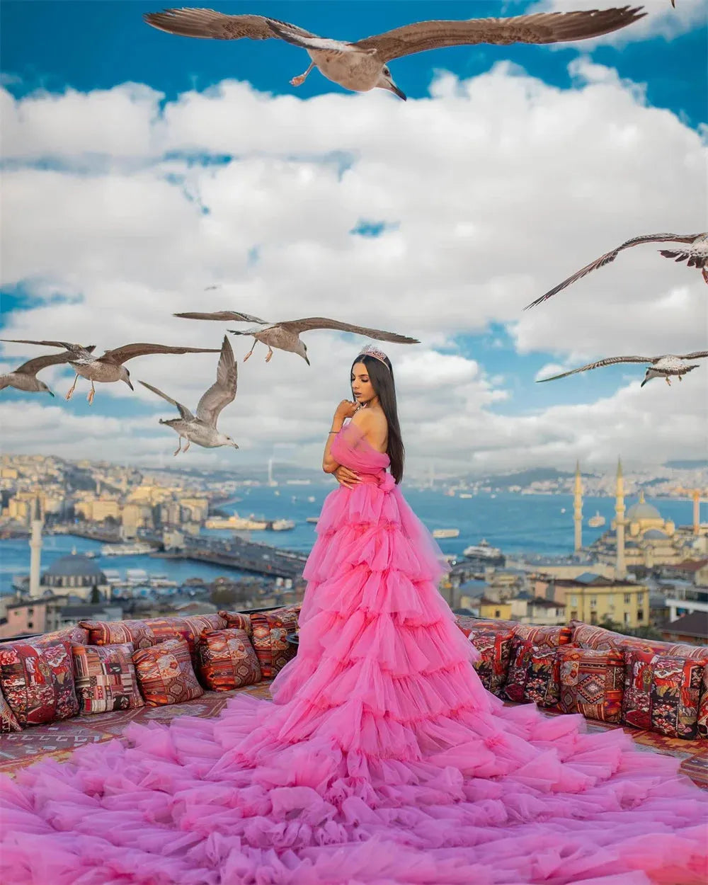 Vestido de fiesta con hombros descubiertos y vuelo, sexy, rosa intenso