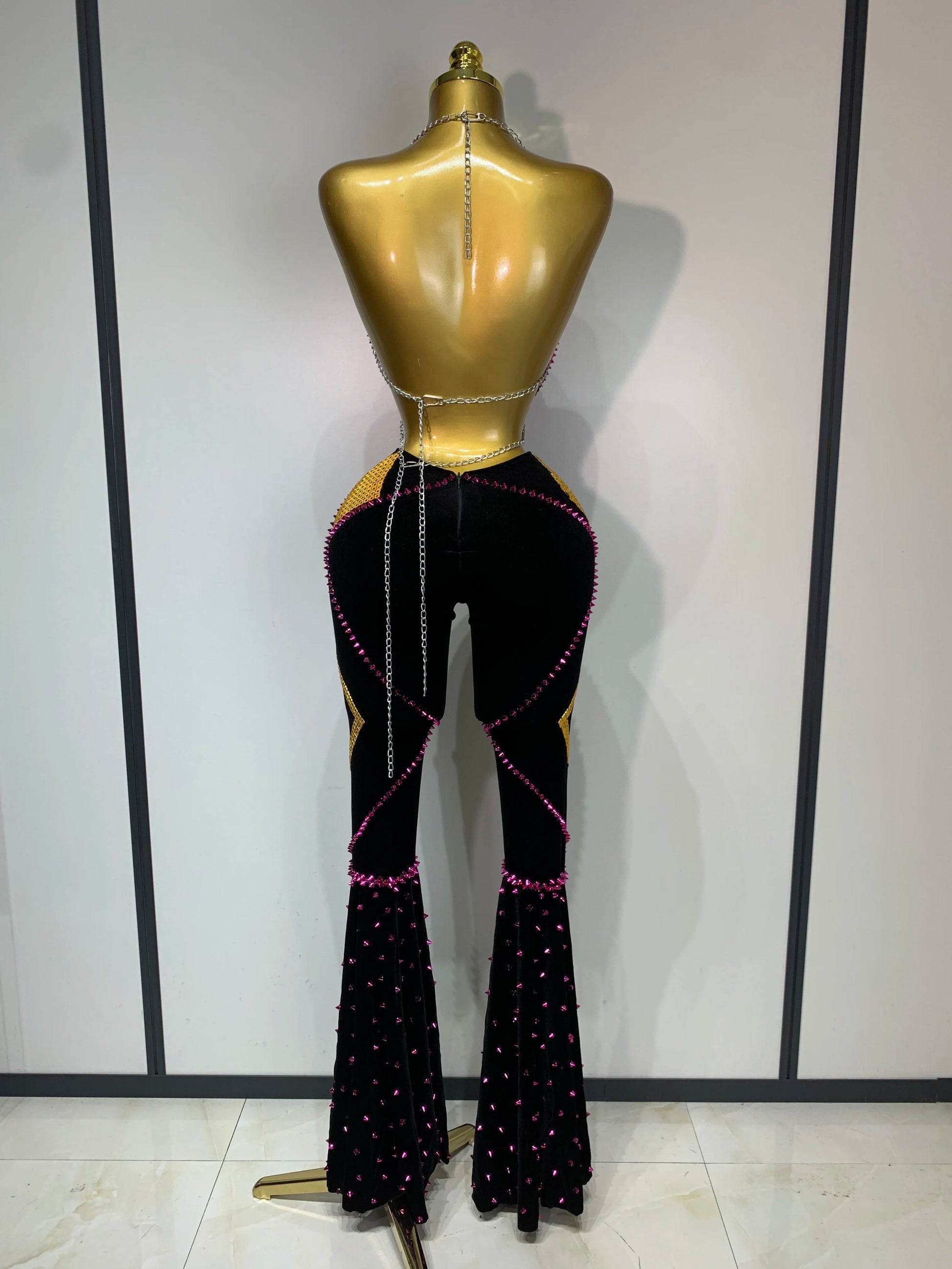 Women Sexy Backless Diamond Rivets Top Two Pieces Set Birthday Celebrate Evening Party Nightclub DJ Stage Performance Costume