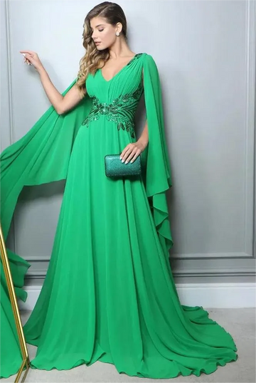 Elegant Green A-Line Prom Dress V-Neck Long Cape Sleeve Sequineds Ruched Floor Length Evening Dress robes de soirée