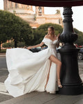 Sexy Side Slit Wedding Dresses Boat Neck Bridal Robes Off The Shoulder Puff Sleeves A-Line Gown For Bride Vestidos De Novia