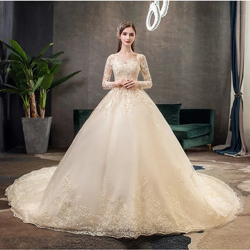 Spring White Ivory Champagne Wedding Dresses With Sleeve Illusion Long Appliques Lace Embroidery Ball Gowns vestido De Noiva