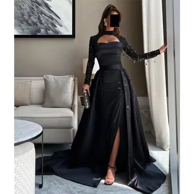 Noble Saudi Black Prom Dress A-Line Strapless Long Sleeves Sequined Floor Length Party Dresses vestidos de graduación