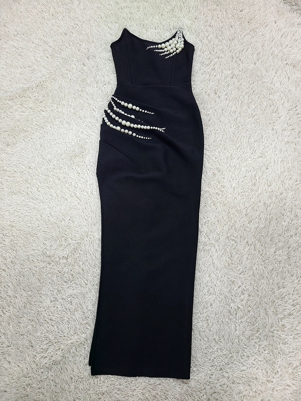 Women Black Strapless Pearl Bead Bandage Bodycon Maxi Dress 2025 Elegant Evening Party Gowns Vestido