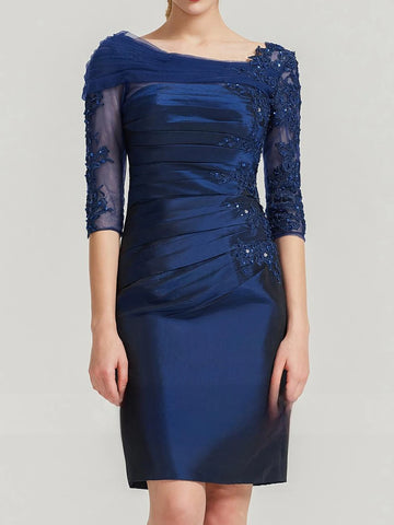 Mother Of The Bride Dress - Elegant Sheath Evening Dress Lace Taffeta Half Sleeve Scalloped Neck Knee-Length Beading Pleated Appliqued 2025 Free Customized Navy Blue