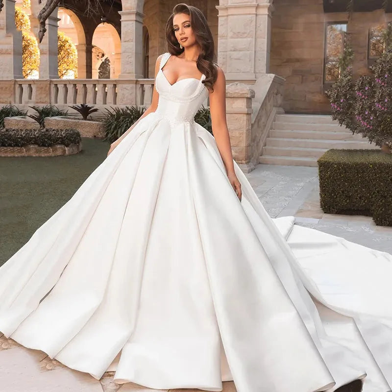 White A-Line Wedding Dresses 2025 Sweetheart Pearls Satin Bridal Dress