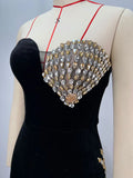 2025 Spring Women's Light Luxury Nail Bead Velvet Dress Strapless Sleeveless Bodycon Split Body Long Dress Evening Party Vestido