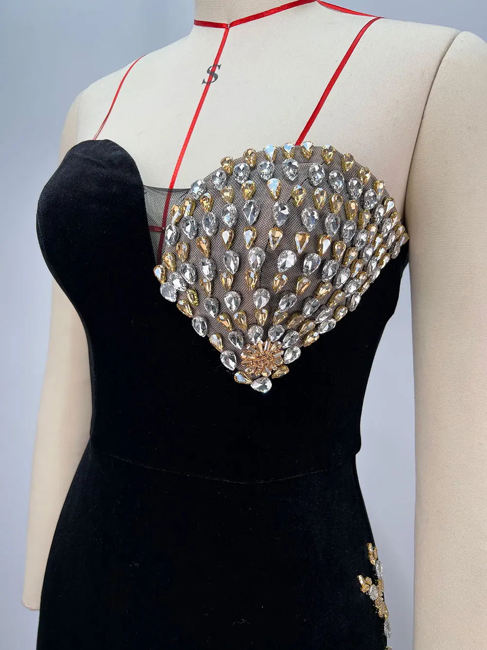 2025 Spring Women's Light Luxury Nail Bead Velvet Dress Strapless Sleeveless Bodycon Split Body Long Dress Evening Party Vestido