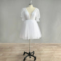 Puff Sleeves Sparkly Tulle Mini Short Wedding Dress V Neck Backless Above Knee Shiny Bridal Gown