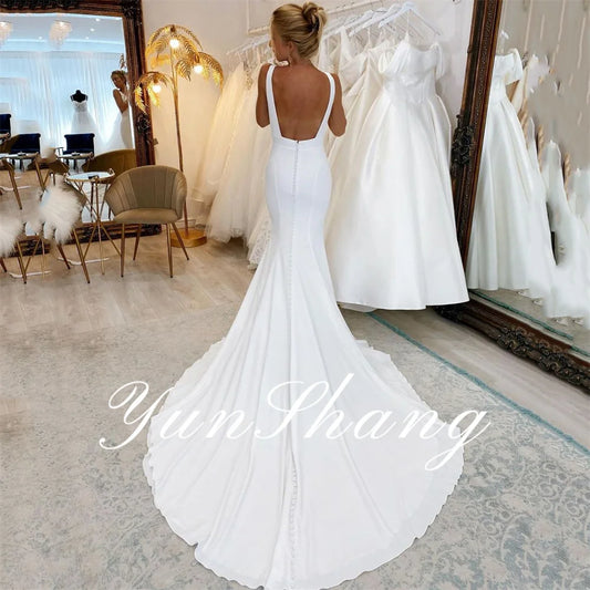 Yunshang Elegant Mermaid Wedding Dress V-Neck Spaghetti Straps Open Back Simple Bridal Gowns Sweep Train Vestidos De Novia