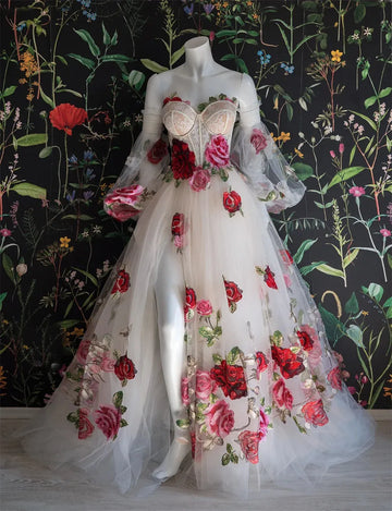 Amanda Colorful Embroidered Wedding Dress for Women Bride Sweetheart Backless Pastoral Marriage Bridal Flower Dresses