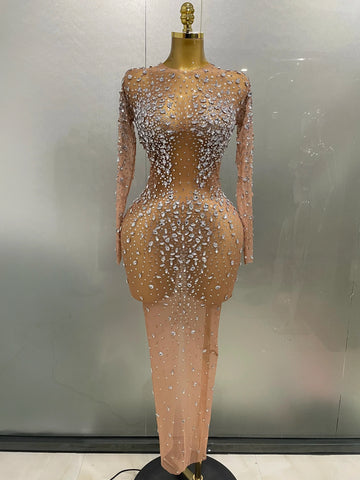 Sexy Shinny Rhinestone Stretch Mesh Transparent Long Dress Women Evening Birthday Party Prom Nightclub Singer Stage Wear Silver