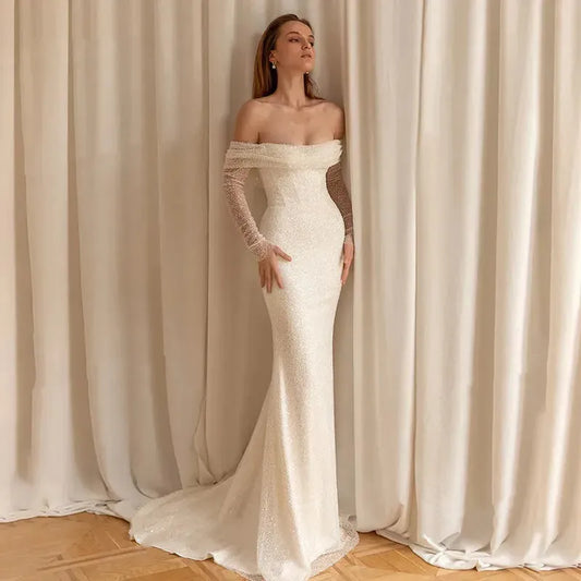 Luxury Mermaid White Wedding Dress Beaded Off The Shoulder Sexy Backless Wedding Gown Long Sleeve Strapless Detachable Train White
