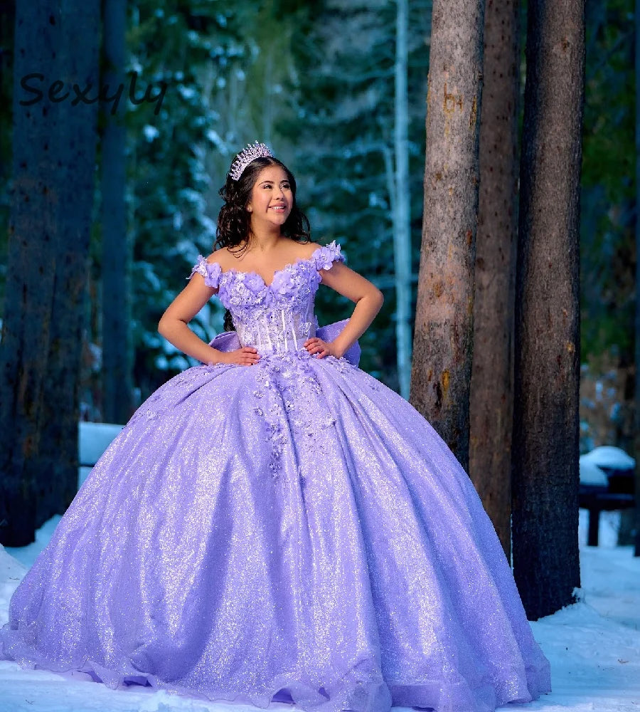Shiny Lilac Quinceanera Dresses 2025Off Shoulders 3D Flower Ball Gown Vestidos De 15 Quinceañeras Sweet 16 Birthday Customized Lilac