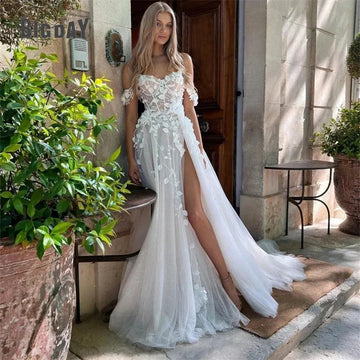 Elegant A-Line Wedding Dress Women Open Back Off The Shoulder Slit V-Neck Lace Applique Bridal Gown Sweep Train Vestido De Noiva Ivory