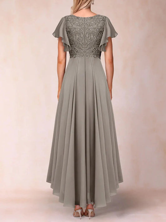 Mother Of The Bride Dress - Elegant A-Line Mother of the Bride Dress Chiffon Short Sleeves Asymmetrical Hem Applique Wedding Guest Gown 2025 Free Customized