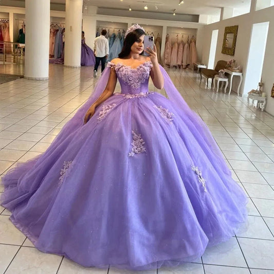 Glittering Lilac Quinceanera Dresses With Cape Formal Birthday Party Ball Gown Vestidos De 15 Anosowns With Wrap Purple