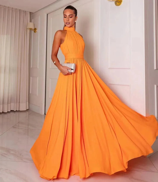 Elegant High Neck Sexy Sleeve A-line Prom Dress Light Orange 100D Chiffon Puffy Vestidos De Noche