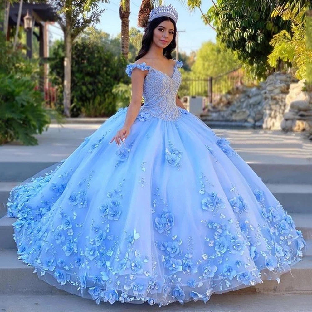 Shiny Blue Quinceanera Dresses Vestidos De 15 Anos 3D Flower Lace Formal Birthday Party Prom Princess Ball Gown