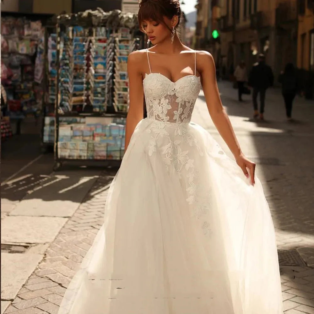 Spaghetti Straps Lace Wedding Dresses A Line Sweetheart Corset Bridal Gowns Modest Sleeveless Customize To Meaures Stunning