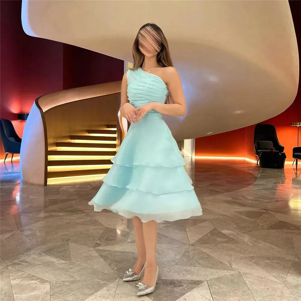 Hearty Mint Green Prom Dress Organza One Shoulder Tiered Party Knee Length Princess Growns Green