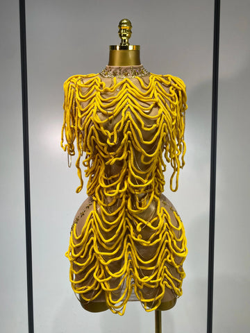 Women Sexy Mesh See Through Designer Rhinestones Chain Stage Performance Costume Nightclub Celebrate Party Luxury Birthday Dress Yellow