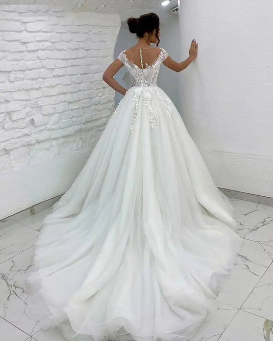Vestido De Noiva Beaded Appliqued Short Sleeve Lace Wedding Dress O-Neck Wedding Dress Vestidos De Novia