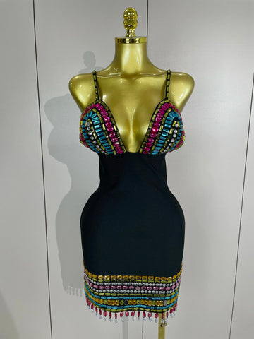 Sparkly Colorful Diamonds V Neck Black Bodycon Bandage Dress Celebrity Elegant Evening Club Party Luxury Birthday Dresses black