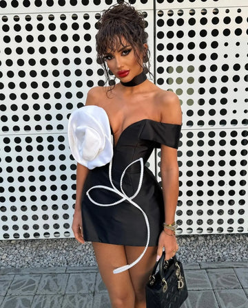 Women Sexy Strapless Florals Bodycon Bandage Mini Dress Fashion Celebrate Nightclub Party Cocktail Dress Wholesale black