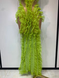 Sparkly Green Rhinestones Mesh Sheer Ruffle Maxi Long Dress Celebrate Birthday Eveing Party Nightclub Stage Performance Costumes