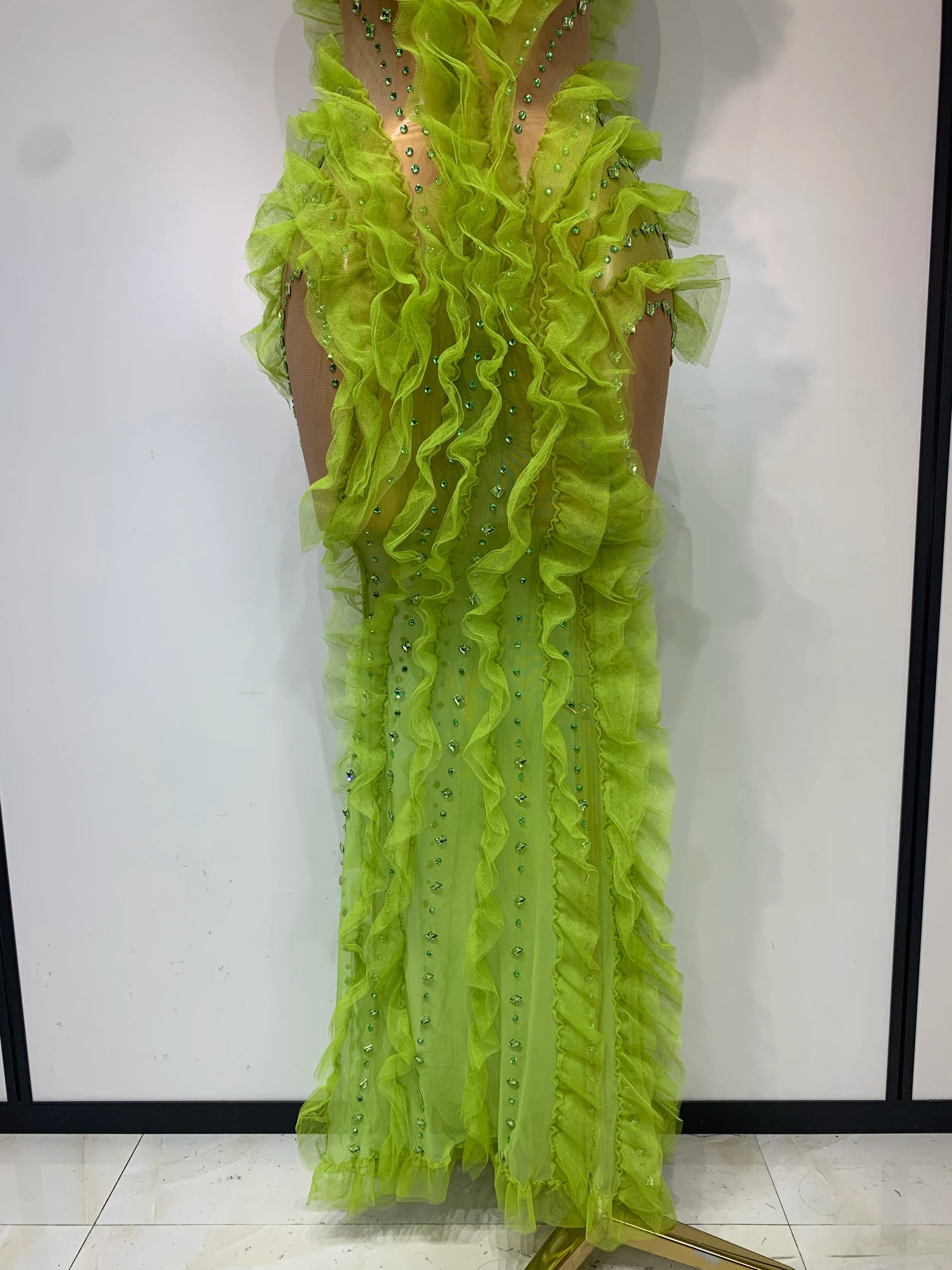 Sparkly Green Rhinestones Mesh Sheer Ruffle Maxi Long Dress Celebrate Birthday Eveing Party Nightclub Stage Performance Costumes