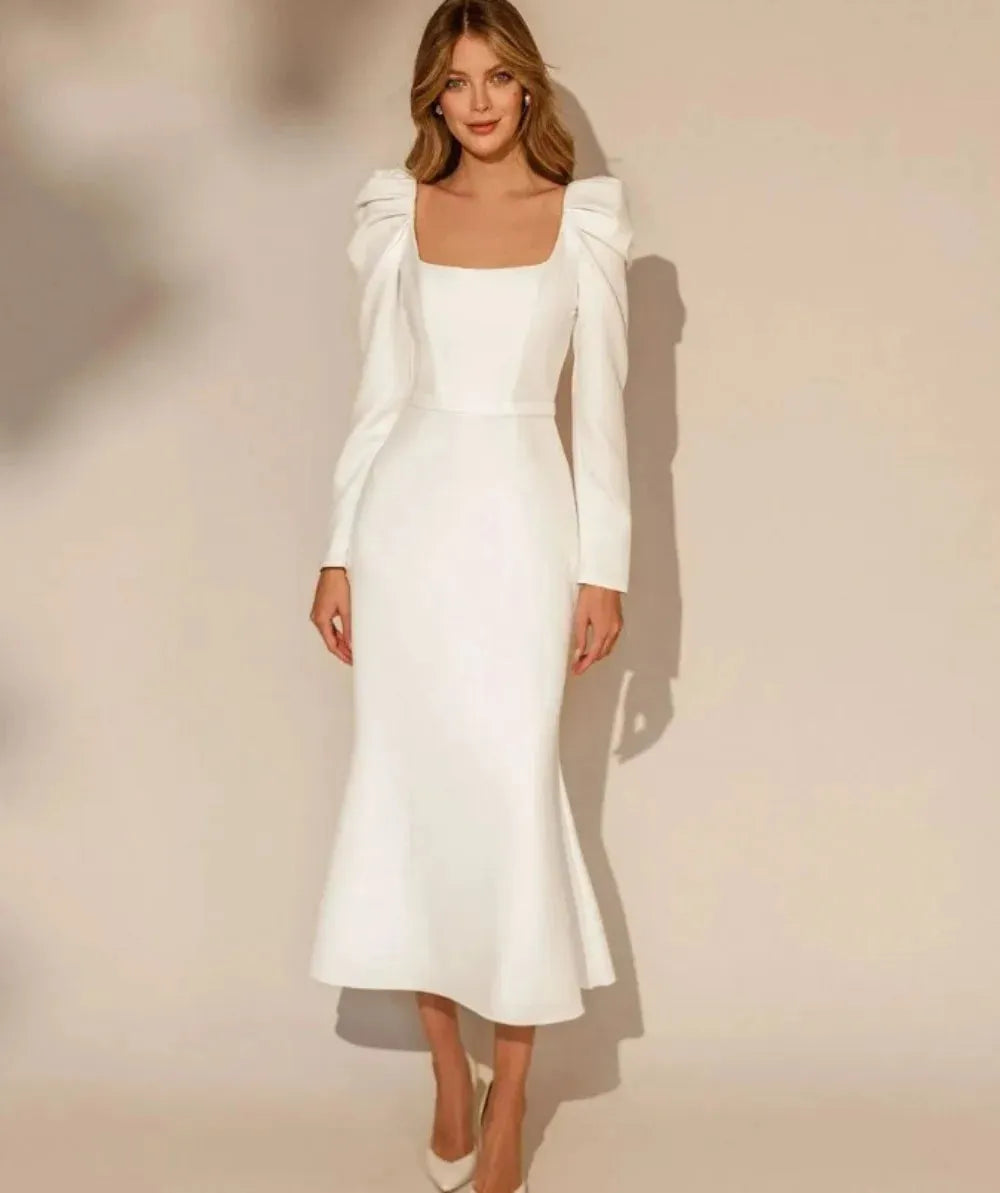 Elegant Wedding Dresses Square Neck Long Sleeve Short Mermaid Tea-Length Bridal Gown Wedding Party Dress Satin Formal Dress As Picture