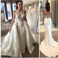 O-Neck Wedding Dress Lace Applique Beads 3D Floral Mermaid Satin Detachable Court Train Custom Zipper Or Lace-Up Back Bride Gown As Picture