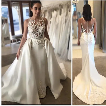 O-Neck Wedding Dress Lace Applique Beads 3D Floral Mermaid Satin Detachable Court Train Custom Zipper Or Lace-Up Back Bride Gown As Picture