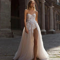 Beach Off Shoulder Split Wedding Dresses Lace Floral Glitter Underlay A Line Bride Gowns Front Slit Sexy Bridal Gowns White