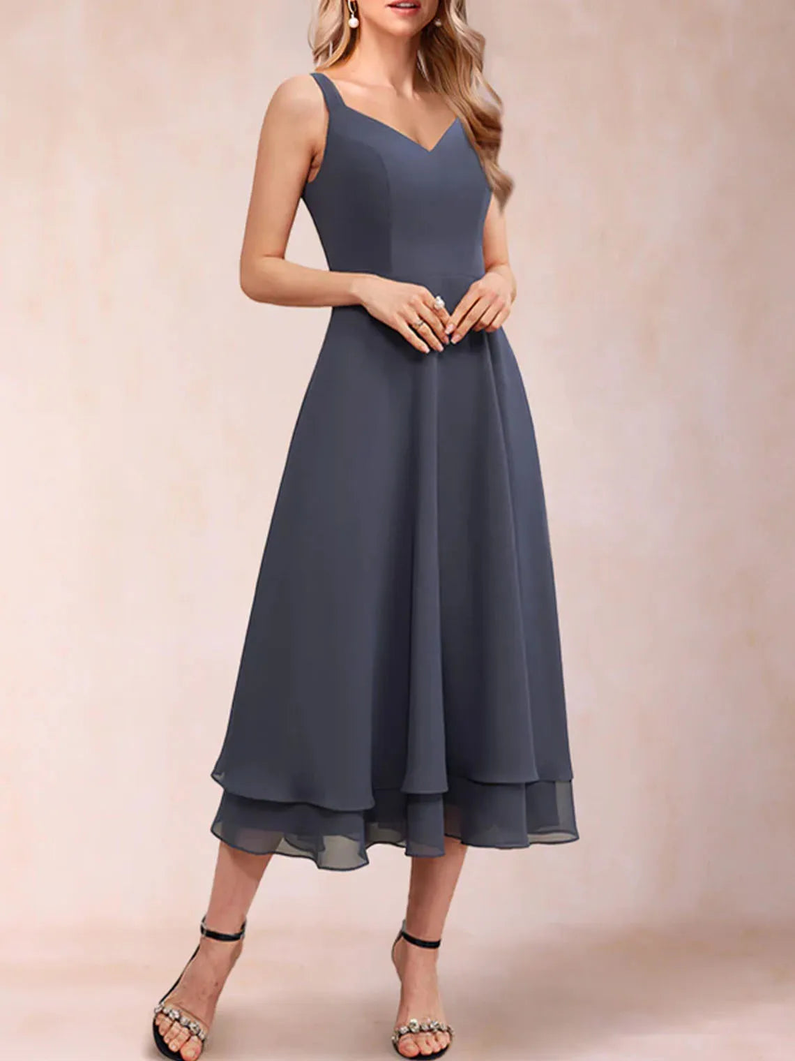 Mother Of The Bride Dress - Fashion A-Line Evening Dress Sleeveless V-Neck Chiffon Tea-Length Ruffles Lace Mother of the Bride Dress 2025 Free Customized